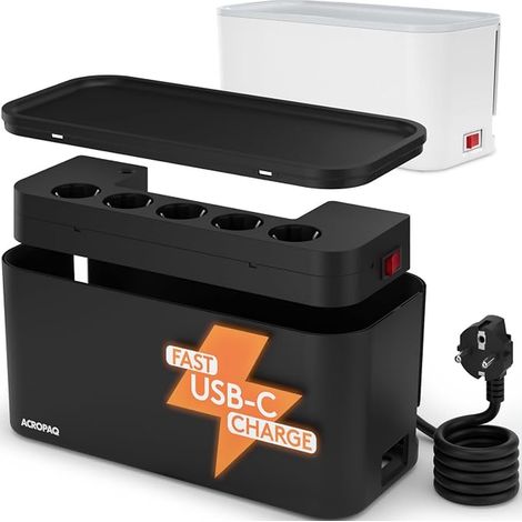 ACROPAQ Cable Box with Power Strip - Cable Box (30 x 14 x 14 cm) with 5 Sockets, USB-C PD (1/5)