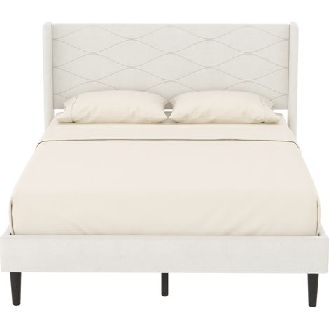 HOMCOM cama tapizada 140x200 cm con cabecero acolchado con alas de terciopelo, marco de cama doble con láminas de madera, fácil montaje, beige (1/5)