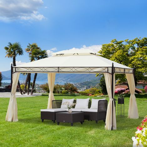 3x4m Stahl-Gartenpavillon mit Doppeldach und 4 seitlichen Markisen, Creme