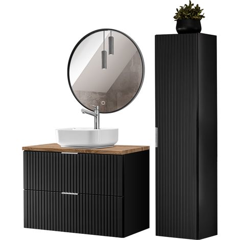 Badezimmer komplett Set, mit Hochschrank, Keramik Waschbecken und LED Spiegel, schwarz matt mit Eiche Nb., Front gerillt, ADELAIDE-56-BLACK, B/H/T ca. 130/200/46,5 cm (1/5)