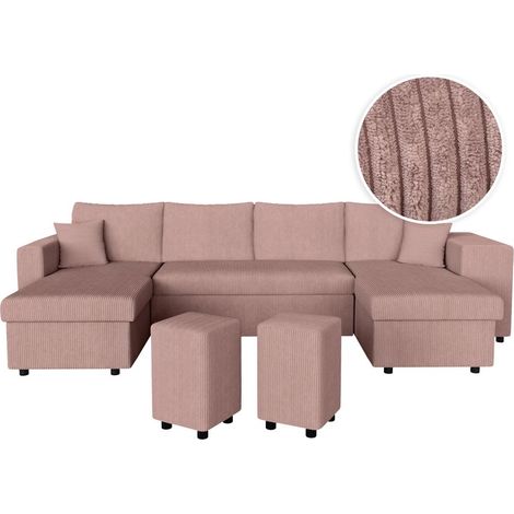 Canapé panoramique OSLO convertible avec 2 coffres, 2 poufs à droite en velours côtelé rose (1/5)