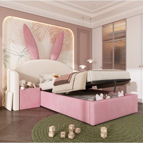 MEUBLIV Lit enfant 90 x 190 cm en velours beige et rose avec tête de lit lapin, rangement intégré et table de chevet (1/5)