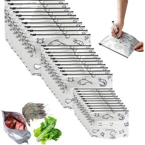 90 wiederverwendbare, vakuumverschließbare Aluminiumfolienbeutel zur Aufbewahrung von gekühlten Lebensmitteln, mit Etiketten und Reißverschlüssen, geeignet für Gemüse, Obst und Fleisch. (1/5)