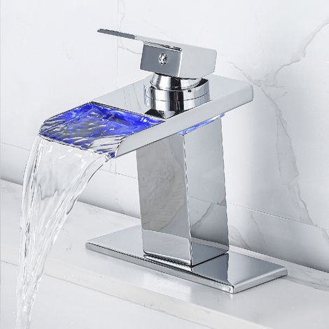 Robinet de lavabo de salle de bain à LED, cascade d'eau chaude et froide, poignée monotrou avec 2 conduites d'eau, bec en acier inoxydable (argent) (1/5)