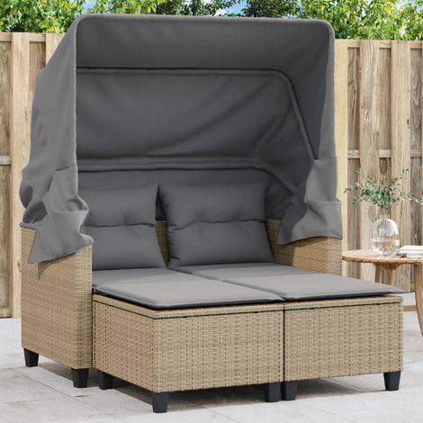 Canapé de jardin 2 places avec auvent et tabourets beige rotin vidaXL