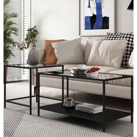 Hallowood Furniture Bewdley Nesting Coffee Tables with Glass Top, Large Glass Coffee Table with Shelf, Industrial Black Nest of Tables, Perfect for Lounge or Living Room