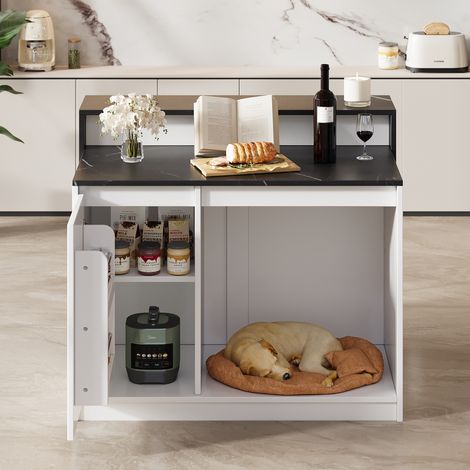 Îlot de Cuisine 120x80x100 cm avec Bar, Table Multifonction et Espace pour Animal, Blanc Marbre Noir