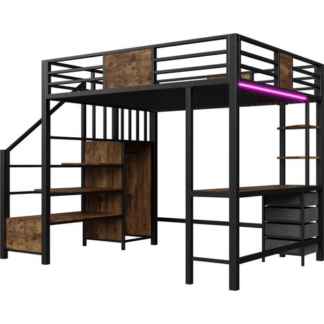 Letto a soppalco 140x200 in metallo con scrivania, scaffali, armadio, LED e presa EU HOMVRA (1/5)