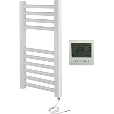 York White Electric Towel Rail Flat 500mm W x 600mm H High Bathroom Radiator + 7 Day Timer/Thermostat (1/2)