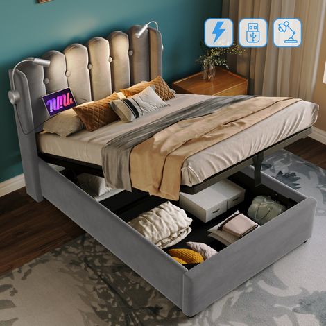 Cama Tapizada 90x200 Cm Cabecero Terciopelo Y Función Carga (1/5)