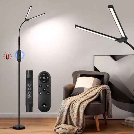 Lampadaire LED à double tête 18 W, 3 températures de couleur, 10 niveaux de luminosité, télécommande magnétique, col de cygne réglable, câble intégré, lampe de protection des yeux USB pour (1/5)