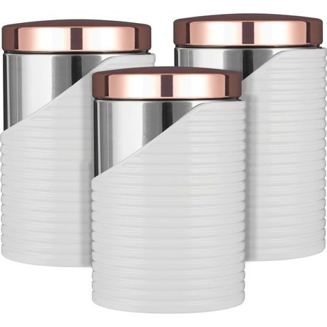 Tower Linear T826001RW Set of 3 Canisters with Air Tight Lid and Polished Stainless Steel, White and Rose Gold, 11.6 x 11.6 x 17 cm