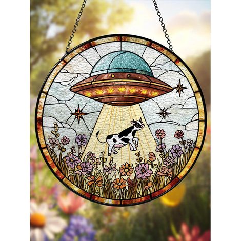 Attrape-soleil vache enlèvement OVNI, suspension fenêtre art floral extraterrestre 9cm