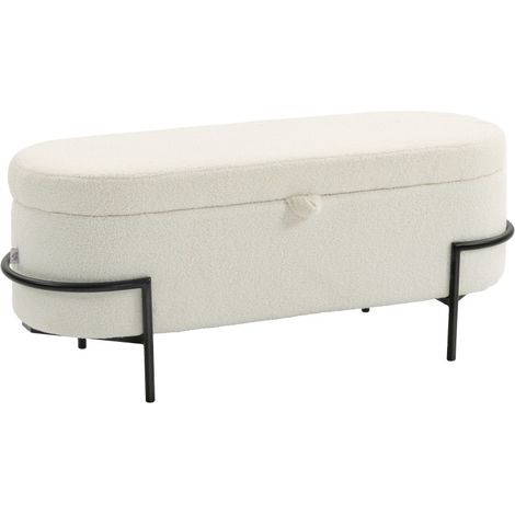 CHICFURN Puff de almacenaje 114,5 x 40 x 48 cm en poliéster blanco crema, tapa y patas de acero (1/5)