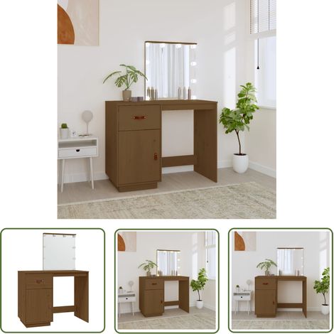 The Living Store Coiffeuse avec LED Marron miel 95x50x133,5cm Bois de pin massif - Coiffeuse - Meuble De Salle De Bain - Vanity - Table De Maquillage - Éclairage Led (1/5)
