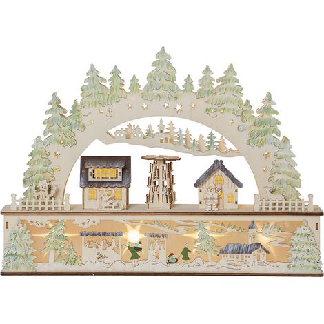 Star Trading Grande arche de bougies LED 'Bamberg' en bois avec scène de Noël, piles + minuterie, naturel, blanc chaud, L 45 cm
