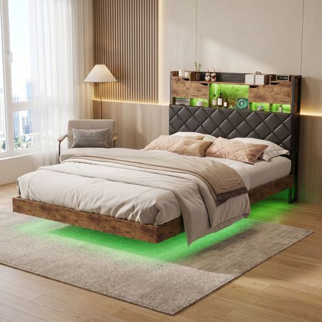 Lit adulte 160x200 cm, Cadre de lit avec sommier, LED RGB réglable et station de charge complète (Prise UE, USB, Type-C), Simili-cuir (PU), Noir (1/5)