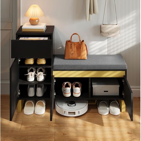 REDOM - Meuble à chaussures 120x35x85cm Banc rembourré Grand rangement Panneau MDF Noir (1/5)