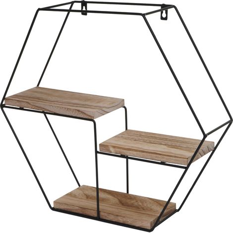 Scaffale mensola portaoggetti pensile 3 ripiani HHG-608 esagonale 43x49x11cm ferro verniciato legno chiaro