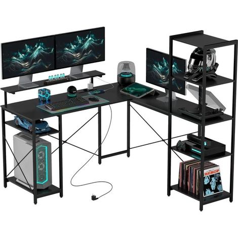 Scrivania angolare nera 137 x 140 x 139,5 cm con scaffali, supporto monitor, USB (1/5)