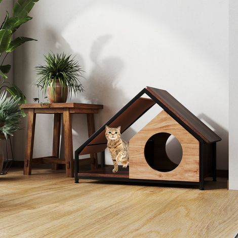 Maison pour Chat d'Intérieur en Bois Maison pour Chat avec Véranda Toit en Pente Amovible et Cadre en Métal Enclos Industriel pour Chat Refuge (1/3)