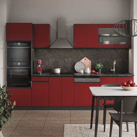 Küchenzeile R-Line, Rot/Anthrazit, 300 cm J-Shape, mit Hochschrank, ohne Arbeitsplatte, Vicco