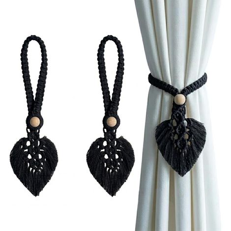 Lot de 2 embrasses de rideau en corde Boho - 5 options de couleurs, embrasse à corde tricotée à la main avec perles en bois naturel réglables pour décoration intérieure et extérieure (Noir) (1/5)
