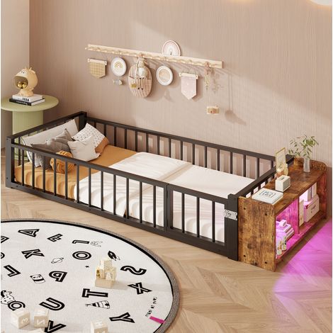 Lit enfant 90x200 cm avec rangement ouvert et LED, barrière de sécurité, en métal noir, sans matelas (1/5)