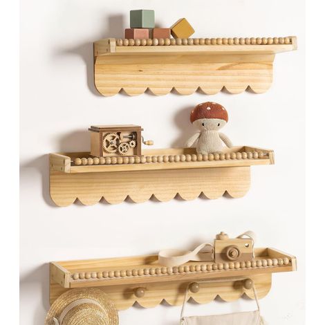 Étagère murale flottante en pin, lot de 3 avec bord ondulé, étagères à livres pour chambre d’enfant, bébé et tout-petit, rangement décoratif (1/5)