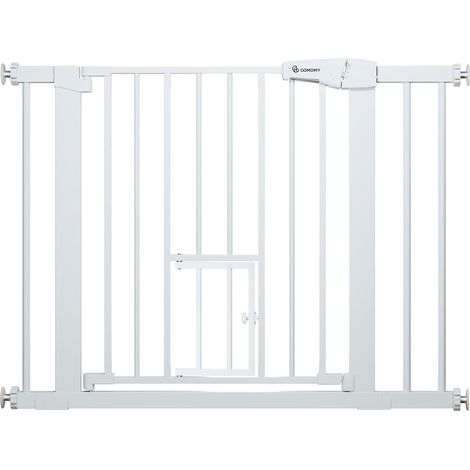 Barrière de Sécurité, 75-103cm Barriere Escalier pour Bébé, sans Perçage Barrière à Pression pour Chat et Chiens, Fermeture Auto, Extensible, Métal Blanc (1/5)