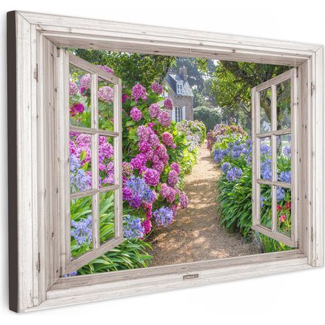 TABLEAU SUR TOILE Hortensia - Transparent - Fleurs - Été - Mauve - Chemin Toile Decoration Murale Grand 140x90 cm