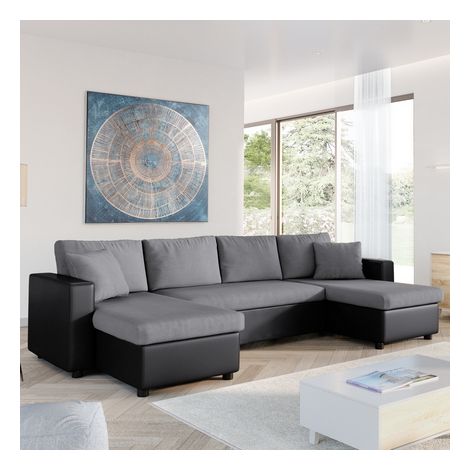Loungitude – Canapé d'angle panoramique convertible 6 places – Simili et microfibre – Coffres de rangement – Dimensions 295x146x81 cm – Fabrication européenne (1/10)