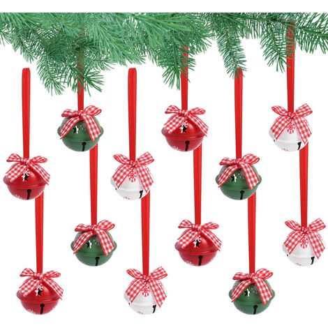 Lot De 12 Grandes Cloches De Noël En Métal Rouge, Blanc, Vert, Décorations De Sapin De Noël Avec Rubans, Cloches Décoratives À Suspendre Pour Loisirs Créatifs, Décoration De Noël, Flocon De Neige