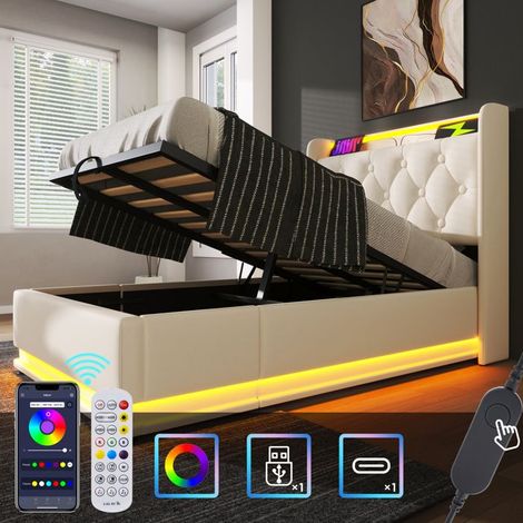 Lit coffre - SINGULARITY - LDE 90 x 200 cm - PU blanc - LED intégrée - Tête de lit USB-C (1/5)
