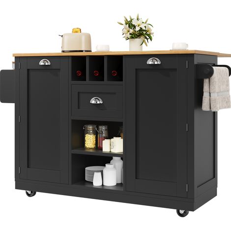 CHICFURN Isola cucina 140x40x93,5 cm in MDF nero con piano ribaltabile e ruote (1/5)