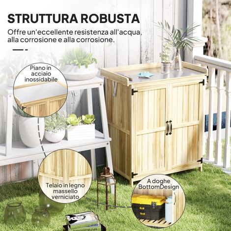 Armoire extérieure en bois naturel, abri de rangement à outils avec étagère, 2 battants, pour terrasse et patio