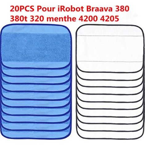 Lot de 20 nettoyage en microfibres Serviettes Mopping 10 humides + 10 secs pour iRobot Braava 380 380T 320 Mint 4200 4205 5200 5200