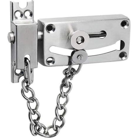 Door lock, sliding bolt lock, sliding bolt locks, gate locks, door lock with anti-theft chain and spring lock, robust brushed stainless steel finish (1/3)