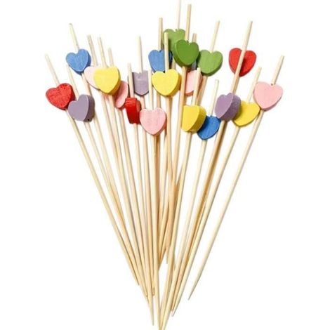 Cure-dents en bois - - 12 cm - Paquet de 100 - Coeurs colorés - Écologique (1/4)