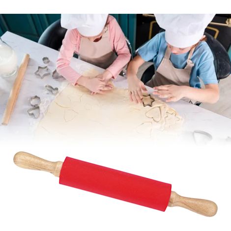 Rouleau à pâtisserie allongé en silicone avec manche en bois massif et surface antiadhésive, rouge. (1/5)