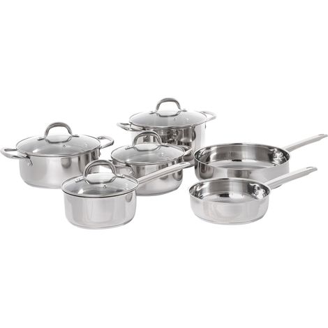10 Piece Pot and Pan Set Silver Stainless Steel 4 Pots with Lids 2 Frying Pans PRIMECOOK
