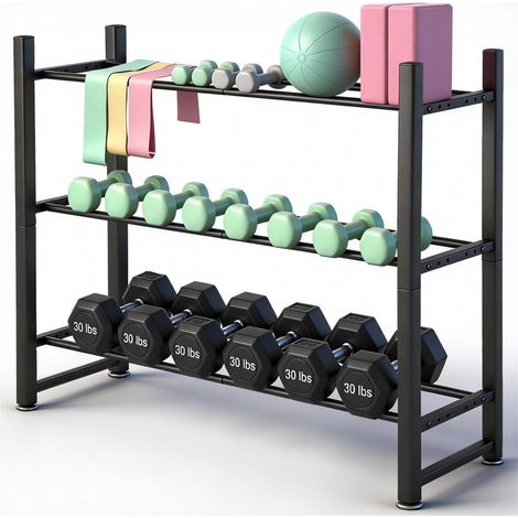 3 Tier Dumbbell Rack, 31 Inch Adjustable Metal Weight Stand, Heavy Duty 496LB Capacity Weights Rack, Space-Saving Home Gym Organizer for Dumbbells, Kettlebells, and More (1/5)