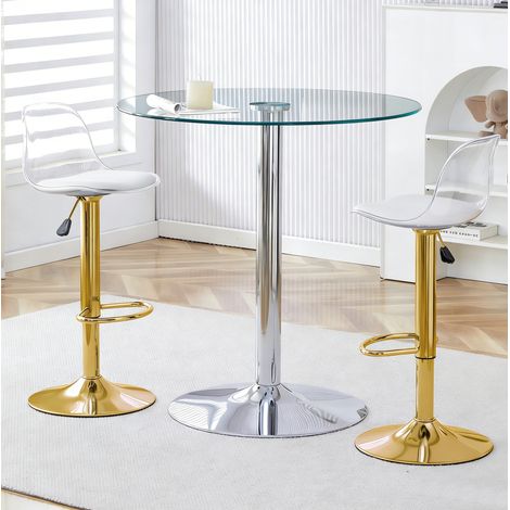 REDOM - Mesa alta redonda de vidrio y 2 taburetes, 89 cm, diseño transparente, base de metal plateado, plástico transparente (1/5)