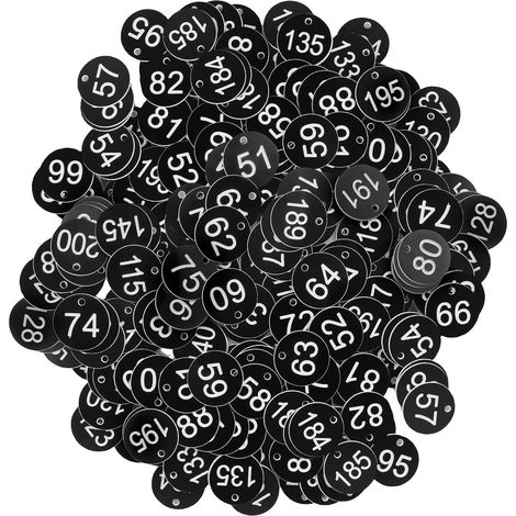 Lot de 200 plaques d'immatriculation rondes en plastique gravées avec trou - Pour l'organisation et le tri - Sans porte-clés - Noir - Numéro 1-200 (1/5)
