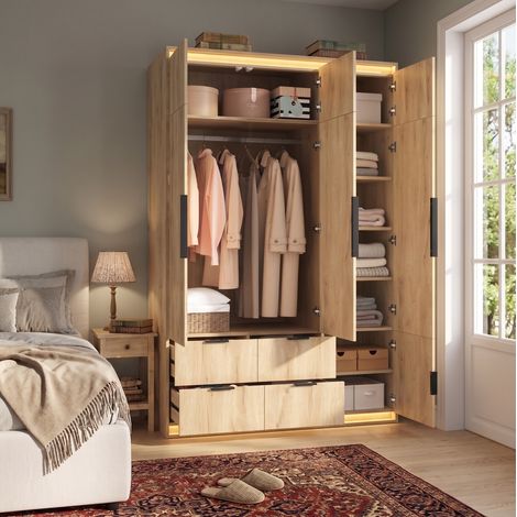 3-türiger Kleiderschrank 135x47x200 cm MDF Anthrazit-Eiche mit LED-Spiegel – MEUBLIV (1/5)