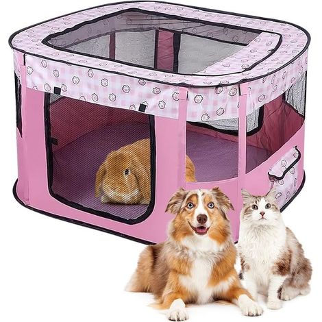 Enclos pliable pour chiots et animaux - En tissu Oxford - Tente rectangulaire pour chiens lapins cochons d'Inde et chats - Pour l'intérieur ou l'extérieur - 70 x 55 x 40 cm - Rose (1/5)