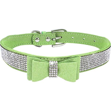 Collier pour petit chien chiot chat collier diamant bling fille strass mignon nœud papillon femme garçon petit animal domestique chaton senior collier avec nœud vert clair XXL