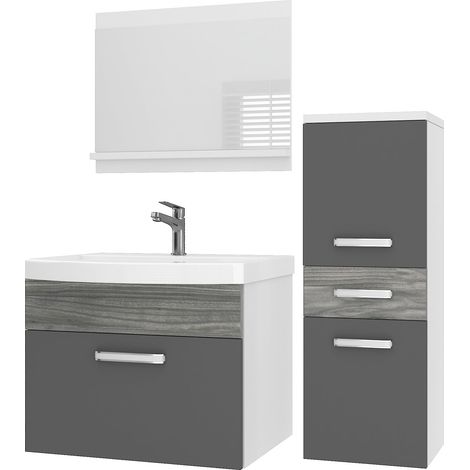 BELINI Meuble de Salle de Bain PRI PM2 90 cm - Meuble avec Vasque Céramique + Miroir avec Étagère - Suspendu - Gris / Bois Glamour (1/5)