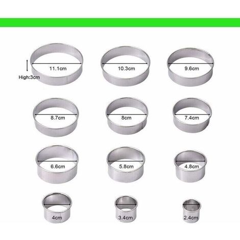 12 Round Stainless Steel Cookie Cutters for Biscuits, Pastries, Sugar Paste and Cakes – Various Diameters (1/5)
