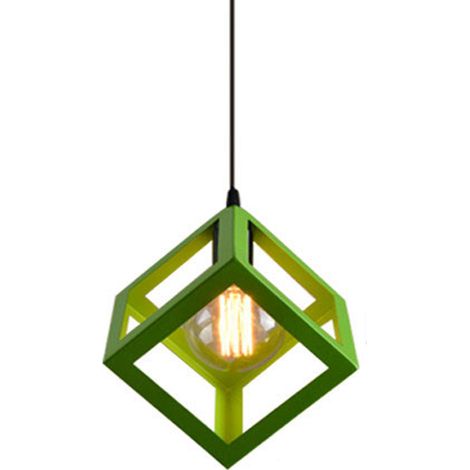 Creative Square Pendant Light Metal Iron Cage Pendant Lamp Modern Geometric Hanging Lamp Retro Modern Ceiling Light (Color:Green)